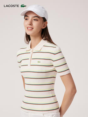 【海南专供价】Lacoste法国鳄鱼女装经典条纹修身短袖针织衫Polo衫AF6242-10