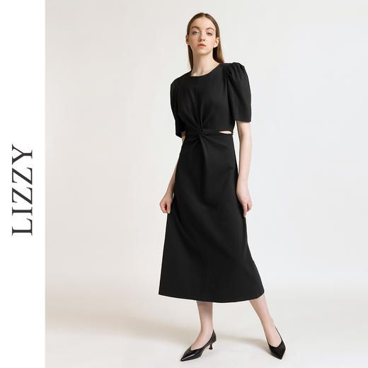 LIZZY 法式优雅通勤泡泡袖露腰长款弹力针织连衣裙7850 商品图1