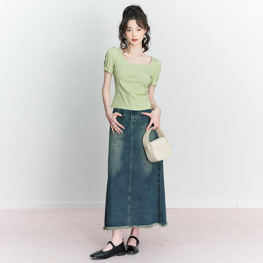 法式优雅U领泡泡袖T恤女装新款辣妹修身针织上衣女V0030357 商品图2