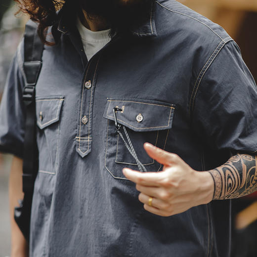 马登工装 美式休闲辑明线短袖衬衫口袋户外翻领廓形半袖衬衣男夏 商品图5