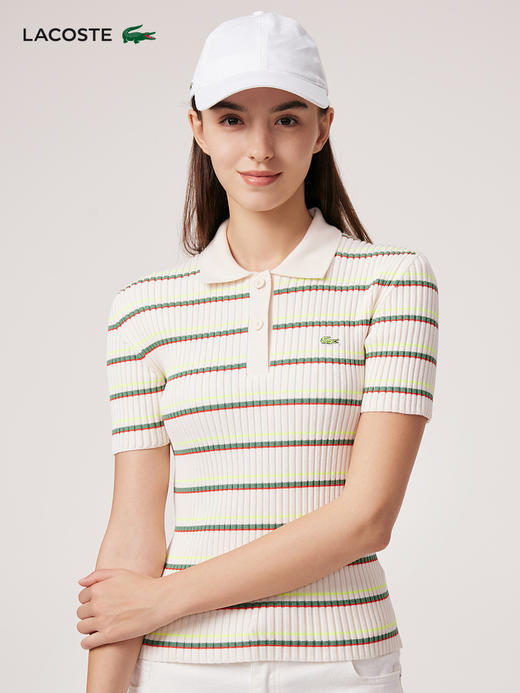 【海南专供价】Lacoste法国鳄鱼女装经典条纹修身短袖针织衫Polo衫AF6242-10 商品图1