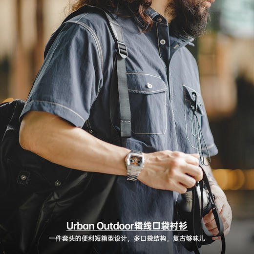 马登工装 美式休闲辑明线短袖衬衫口袋户外翻领廓形半袖衬衣男夏 商品图2