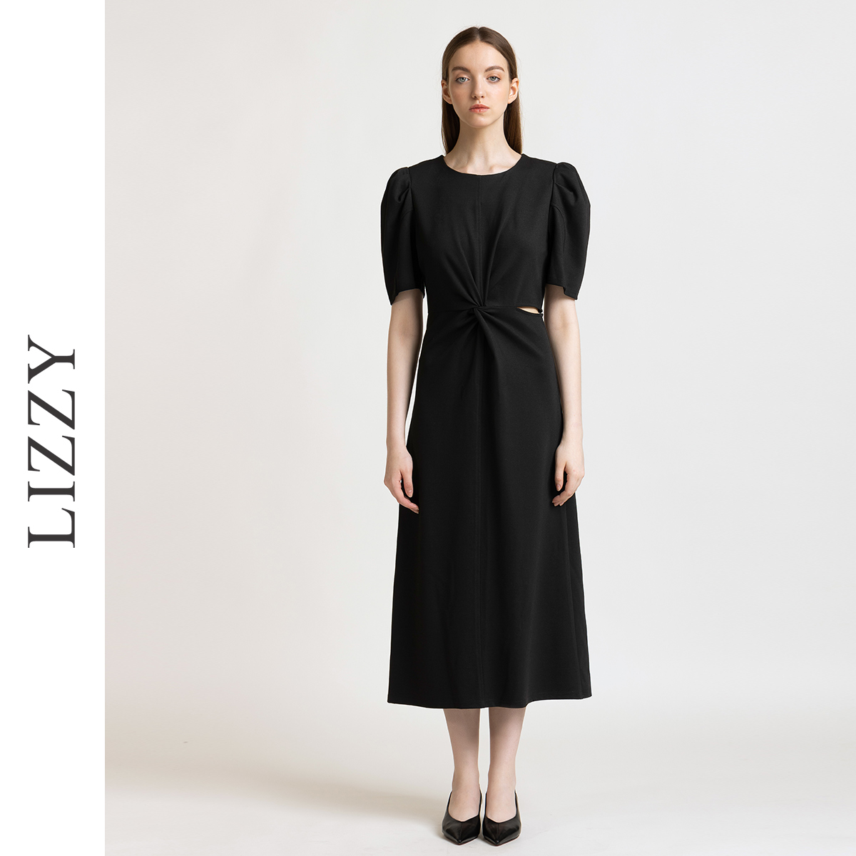 LIZZY 法式优雅通勤泡泡袖露腰长款弹力针织连衣裙7850