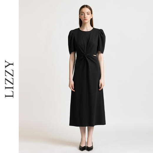LIZZY 法式优雅通勤泡泡袖露腰长款弹力针织连衣裙7850 商品图0