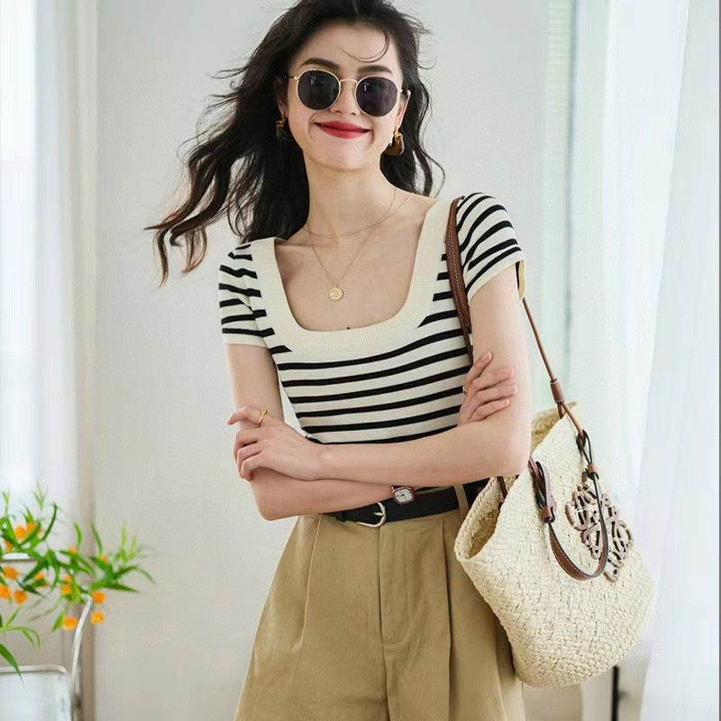 千吉娜 Chigina 法式 大U领 冰丝条纹 针织T恤 C166