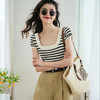 千吉娜 Chigina 法式 大U领 冰丝条纹 针织T恤 C166 商品缩略图0