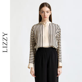 LIZZY 早秋 复古优雅条纹重磅桑蚕丝长袖宽松廓版型百搭气质衬衣7830