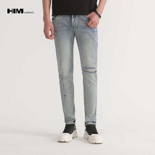HIM漢崇  做旧割破牛仔裤潮流个性泼墨舒适破洞休闲长裤 2026春季 商品图0