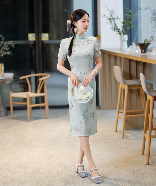 日常时尚，改良年轻款旗袍春夏旗袍立领短袖气质中长提花旗袍ZA-104 商品图5