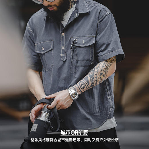马登工装 美式休闲辑明线短袖衬衫口袋户外翻领廓形半袖衬衣男夏 商品图3