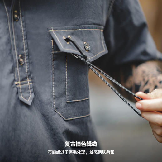 马登工装 美式休闲辑明线短袖衬衫口袋户外翻领廓形半袖衬衣男夏 商品图4