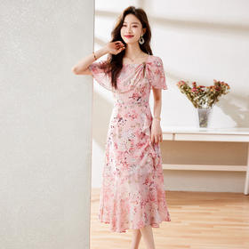 碎花雪纺连衣裙气质通勤甜美蝴蝶结披肩袖浪漫温柔HR-WS23379