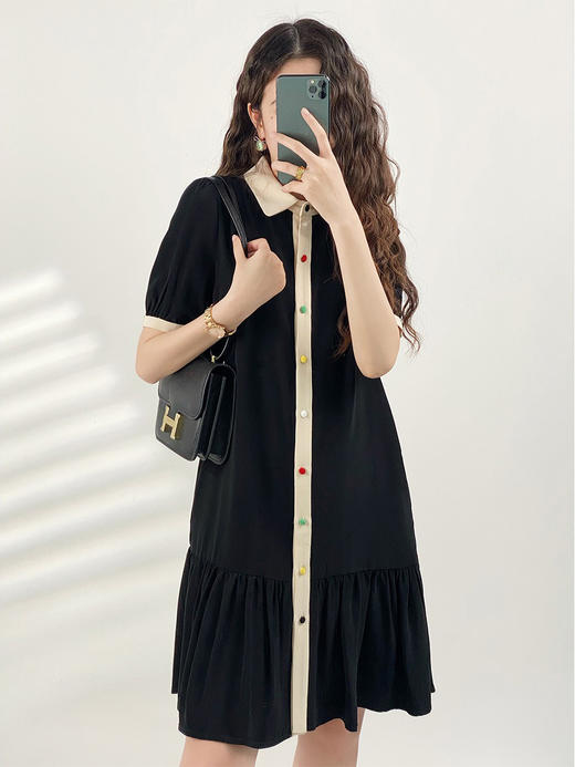 YX【现货7天】醋酸衬衫裙女设计感百褶连衣裙 商品图2