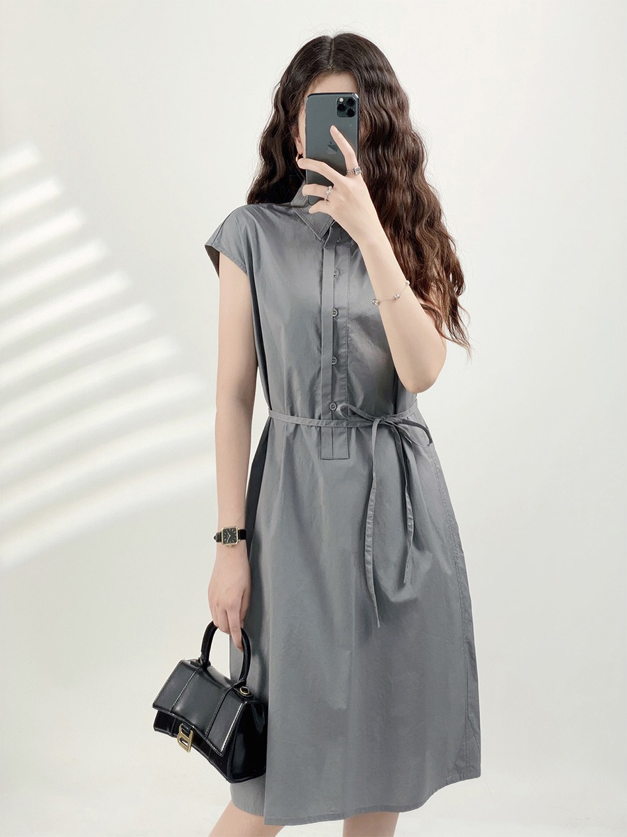 YX【现货7天】法式简约衬衫裙女设计感小众2024夏装新款高级感中长款裙子