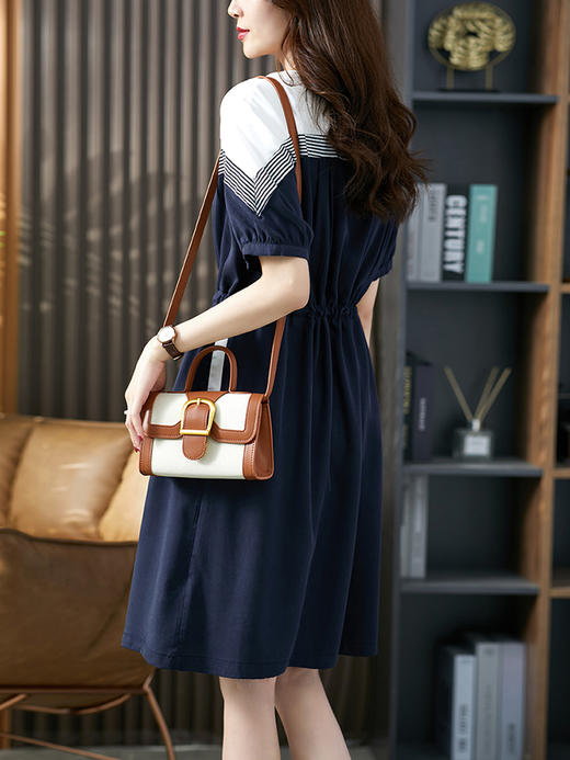 U84539YX【现货7天】撞色条纹连衣裙 中长款抽褶收腰直筒显瘦裙子 商品图1