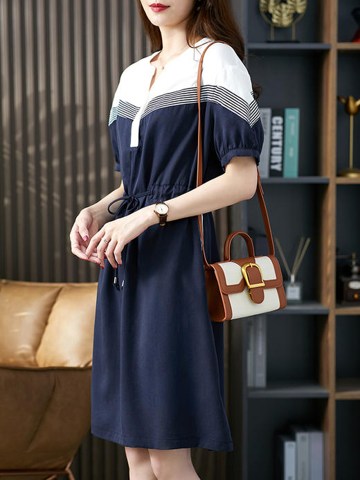 U84539YX【现货7天】撞色条纹连衣裙 中长款抽褶收腰直筒显瘦裙子 商品图2