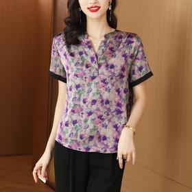 KQL 422H2202珍珠缎小V领T恤气质妈妈碎花上衣