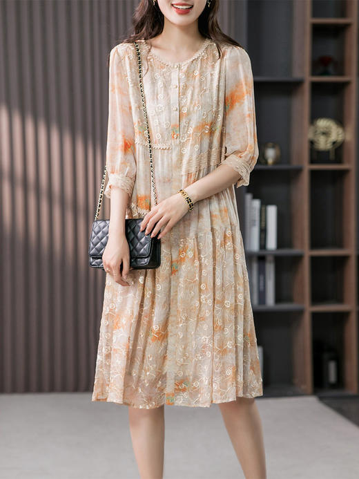 YX【定制15天】重磅真丝连衣裙女2024夏季新款韩版设计感绣花桑蚕丝中长裙 商品图4