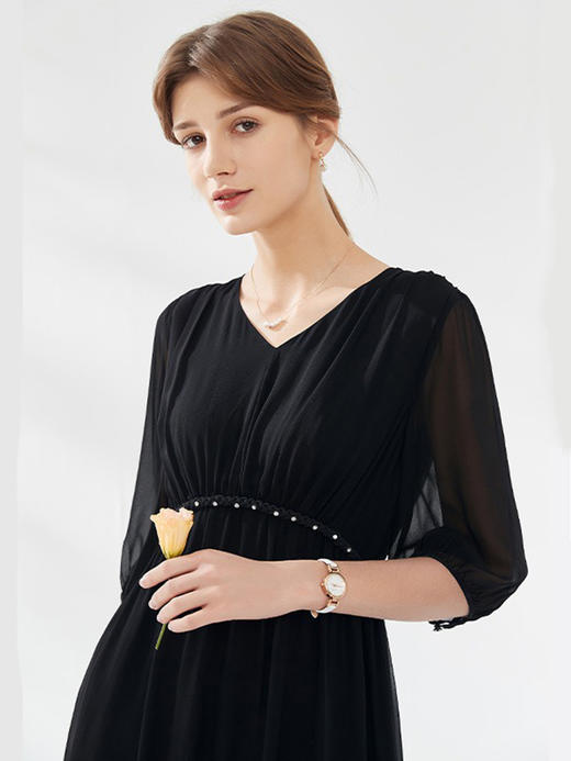 YX设计感灯笼袖V领真丝连衣裙女2025春夏季新款桑蚕丝裙子 商品图4