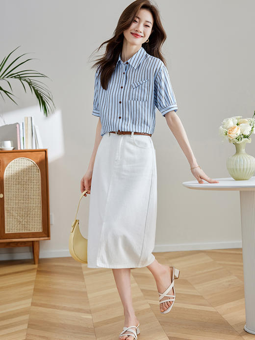 【五折购】熙世界港风复古条纹衬衫女短袖2025新款夏装宽松设计感休闲衬衣 商品图4
