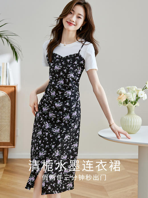 【专属特价】熙世界浪漫复古穿搭连衣裙夏季新款女短袖假两件套吊带碎花裙子 商品图1