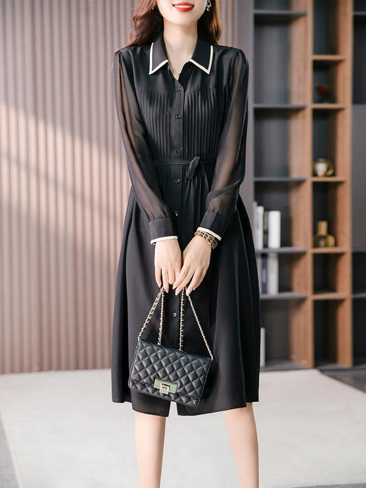 YX【定制15天】显瘦真丝双绉衬衫连衣裙女2024夏季新款系带收腰桑蚕丝中长裙 商品图2