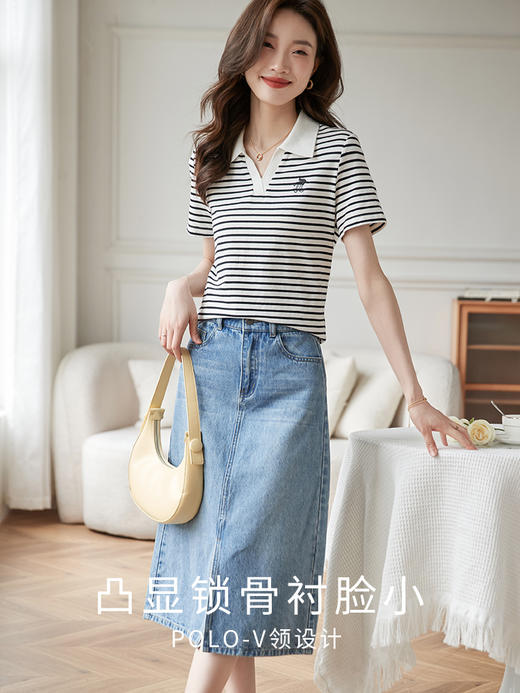【专属特价】熙世界POLO领条纹T恤短袖女士洋气减龄刺绣正肩上衣2025夏新款 商品图2