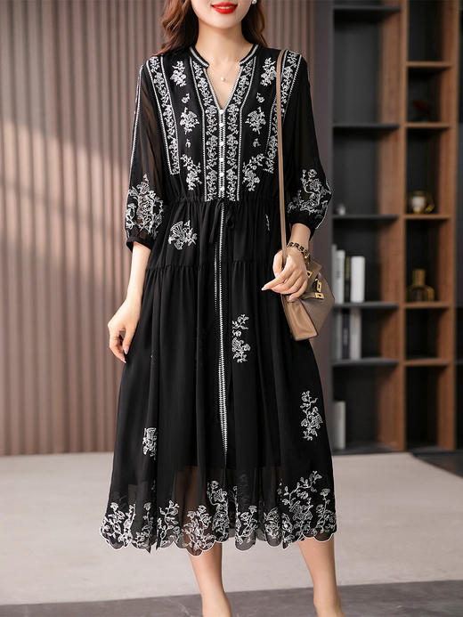 YX【定制15天】新中式复古刺绣真丝连衣裙女夏2024新款显瘦绣花桑蚕丝长裙子 商品图2