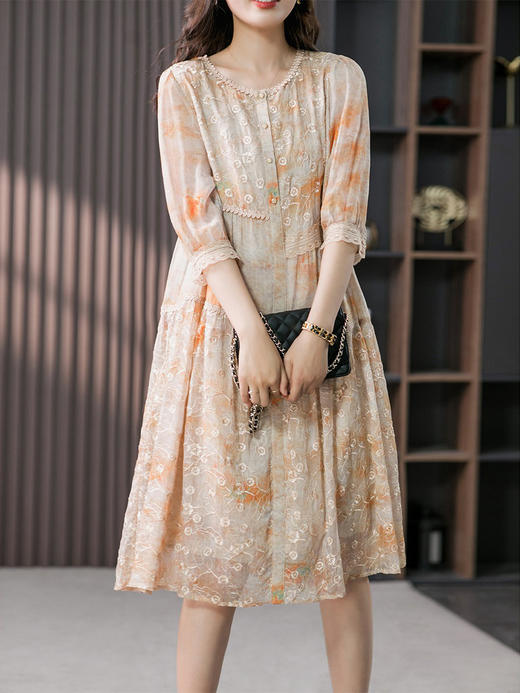 YX【定制15天】重磅真丝连衣裙女2024夏季新款韩版设计感绣花桑蚕丝中长裙 商品图0