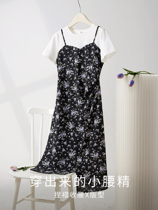 【专属特价】熙世界浪漫复古穿搭连衣裙夏季新款女短袖假两件套吊带碎花裙子 商品图4
