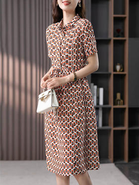 YX【定制15天】印花真丝连衣裙女2024夏季新款韩版收腰显瘦桑蚕丝衬衫中长裙