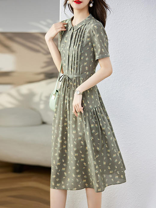 85785原形碎花真丝连衣裙女设计感风琴褶2024春夏季新款桑蚕丝衬衫裙 商品图2