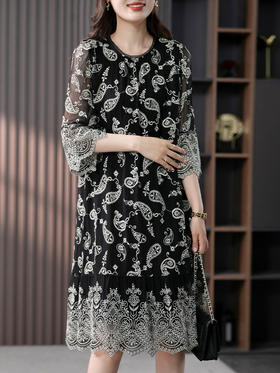 YX【定制15天】轻奢刺绣真丝连衣裙女2024夏季新款韩版宽松桑蚕丝中长款裙子