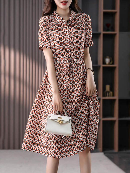 YX【定制15天】印花真丝连衣裙女2024夏季新款韩版收腰显瘦桑蚕丝衬衫中长裙 商品图3