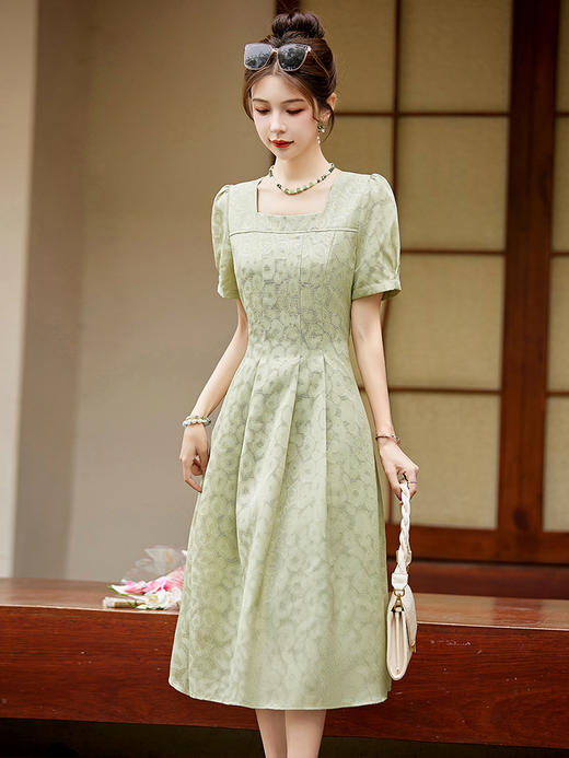 法式方领提花高腰A字连衣裙时尚休闲清新甜美风修身显瘦HR-WW23379 商品图0