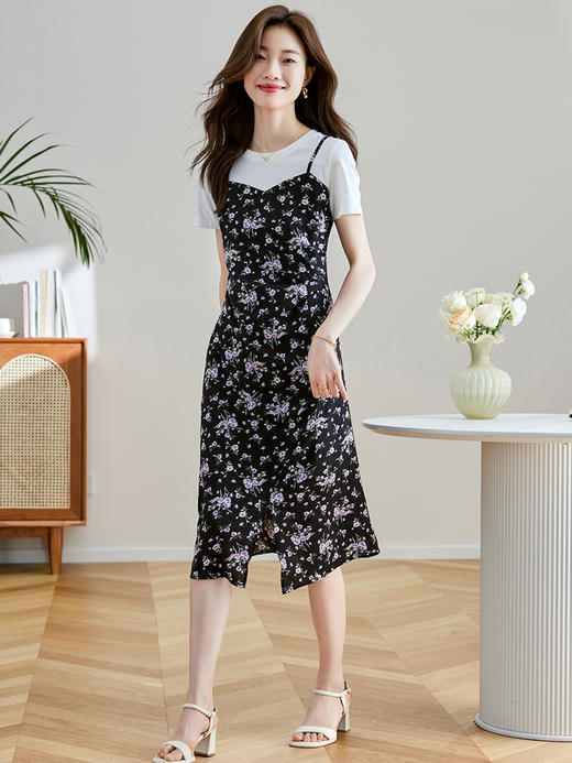 【专属特价】熙世界浪漫复古穿搭连衣裙夏季新款女短袖假两件套吊带碎花裙子 商品图3