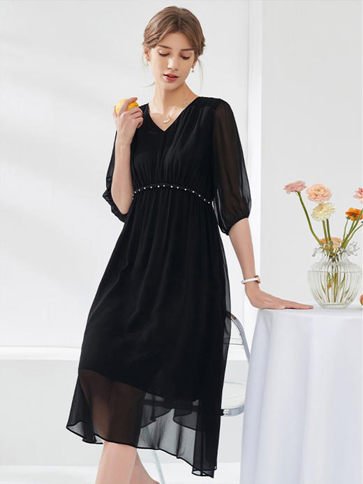 YX设计感灯笼袖V领真丝连衣裙女2025春夏季新款桑蚕丝裙子 商品图0