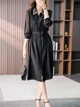 YX【定制15天】显瘦真丝双绉衬衫连衣裙女2024夏季新款系带收腰桑蚕丝中长裙