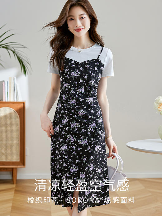 【专属特价】熙世界浪漫复古穿搭连衣裙夏季新款女短袖假两件套吊带碎花裙子 商品图2