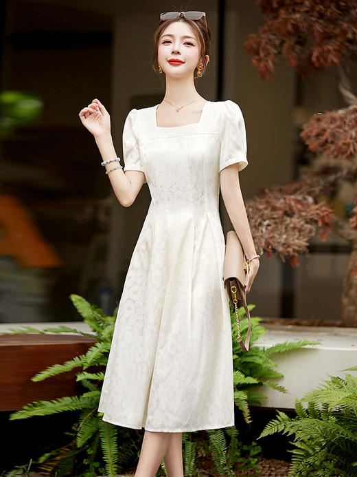 法式方领提花高腰A字连衣裙时尚休闲清新甜美风修身显瘦HR-WW23379 商品图4