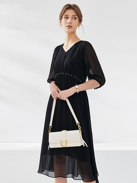 YX设计感灯笼袖V领真丝连衣裙女2025春夏季新款桑蚕丝裙子 商品图1