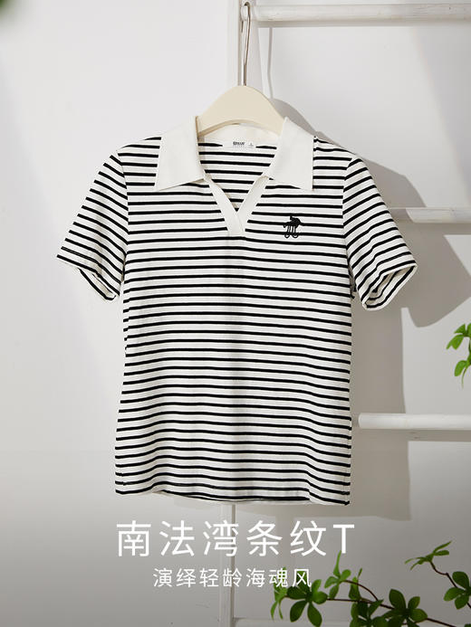 【专属特价】熙世界POLO领条纹T恤短袖女士洋气减龄刺绣正肩上衣2025夏新款 商品图3