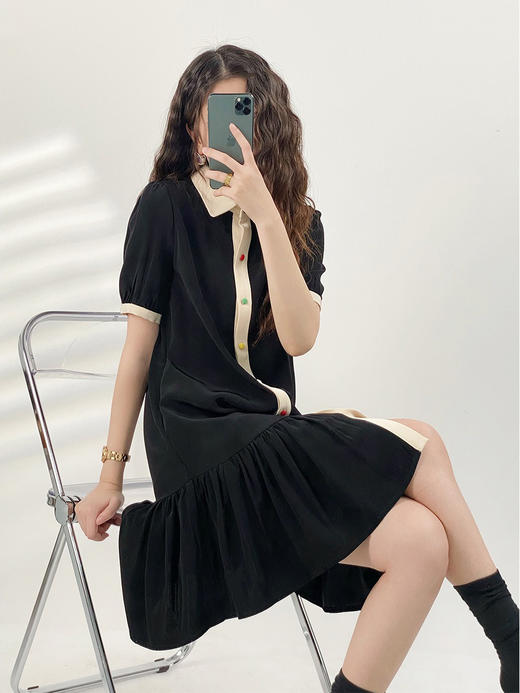 YX【现货7天】醋酸衬衫裙女设计感百褶连衣裙 商品图3