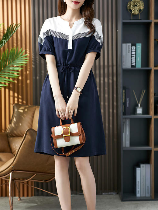 U84539YX【现货7天】撞色条纹连衣裙 中长款抽褶收腰直筒显瘦裙子 商品图4