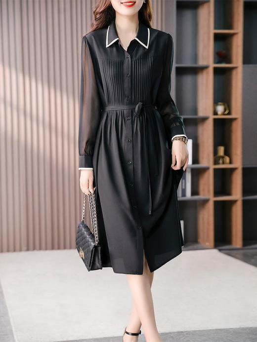 YX【定制15天】显瘦真丝双绉衬衫连衣裙女2024夏季新款系带收腰桑蚕丝中长裙 商品图4