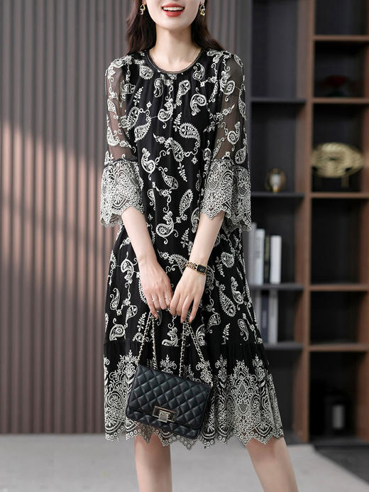 YX【定制15天】轻奢刺绣真丝连衣裙女2024夏季新款韩版宽松桑蚕丝中长款裙子 商品图4