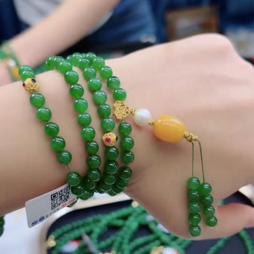 18k碧玉项链-配珍珠爱心双鱼蜜蜡枣珠 商品图0