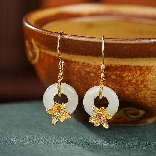 S925纯银镀金和田玉吉祥平安扣，兰花耳坠文艺时尚女耳饰CW-EG01765 商品图1