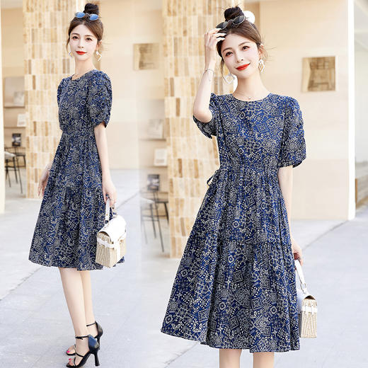 气质典雅，chic极简主义百搭印花中长款法式中长款连衣裙HR-BBL2361 商品图1