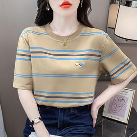 DD-撞色条纹刺绣爱心圆领短袖t恤女夏季2023年新款体恤上衣洋气